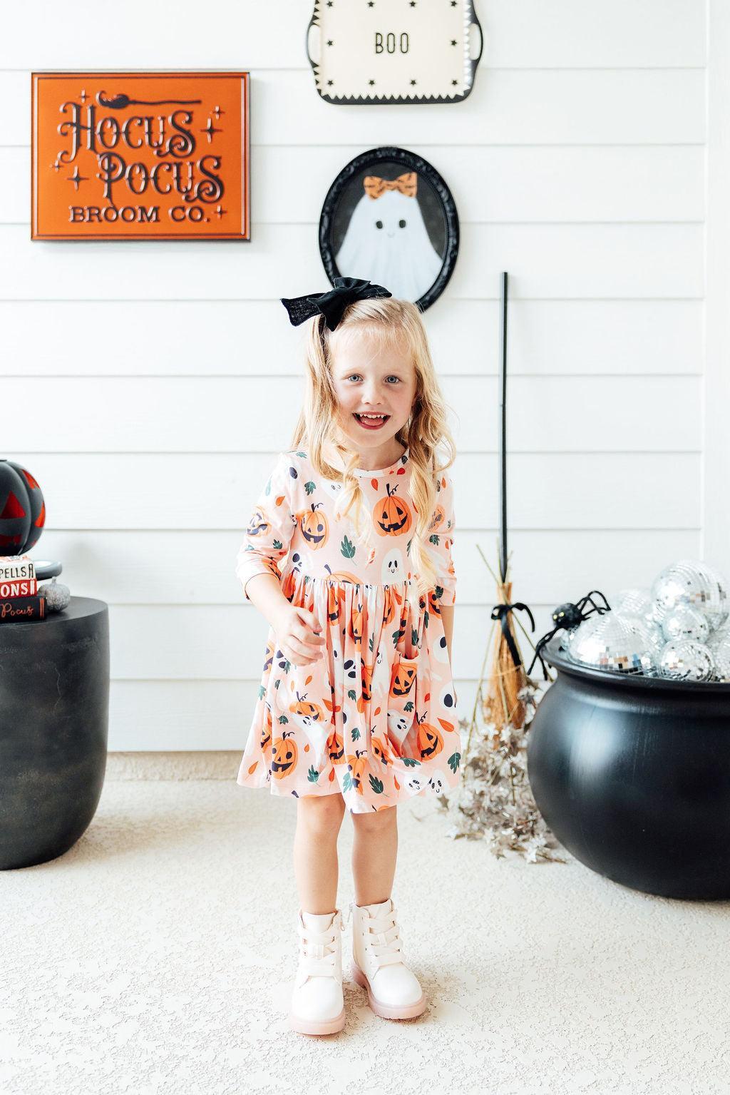 Pumpkin Peekaboo 3/4 Sleeve Pocket Twirl Dress - Image 2