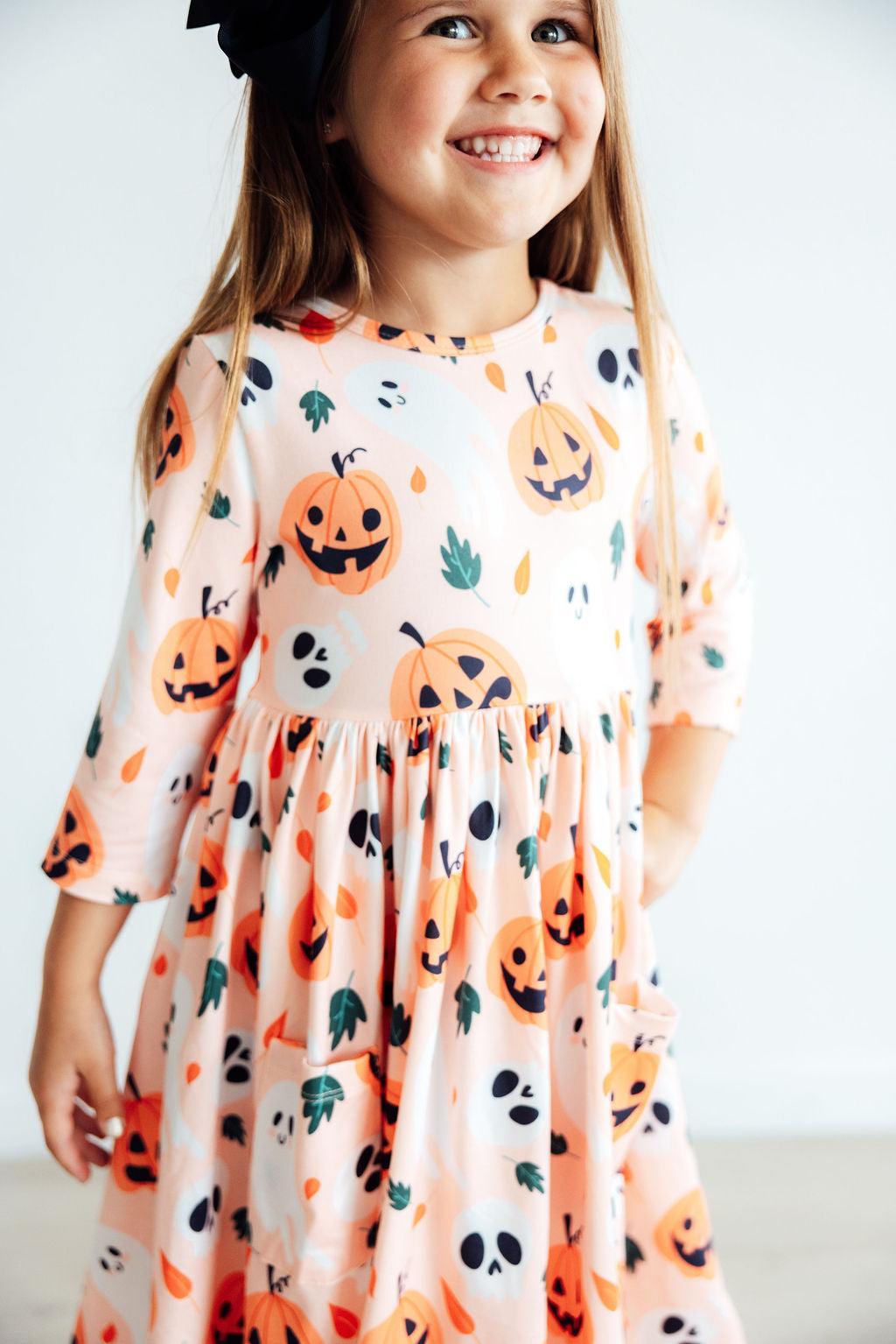 Pumpkin Peekaboo 3/4 Sleeve Pocket Twirl Dress - Image 4