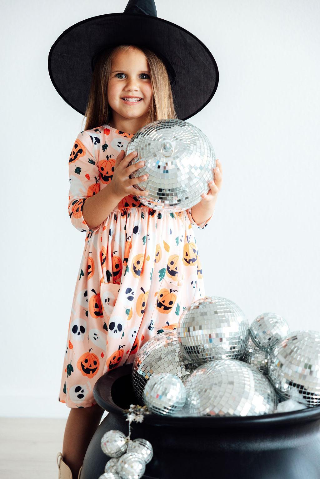 Pumpkin Peekaboo 3/4 Sleeve Pocket Twirl Dress - Image 5