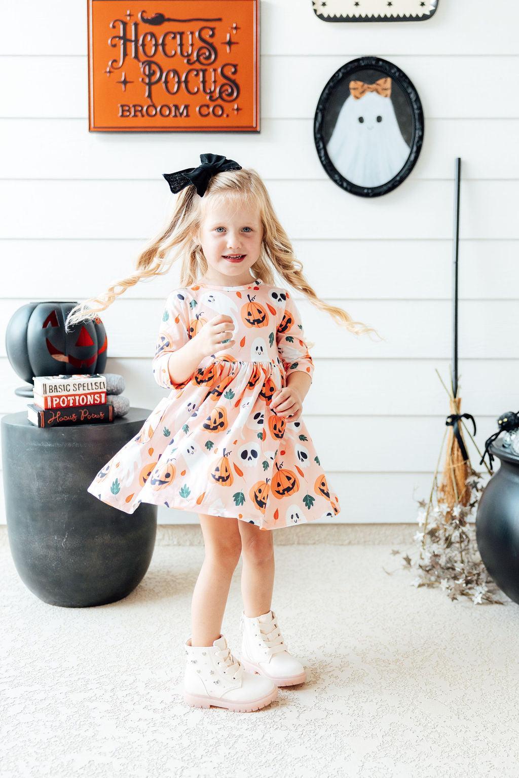 Pumpkin Peekaboo 3/4 Sleeve Pocket Twirl Dress - Image 6