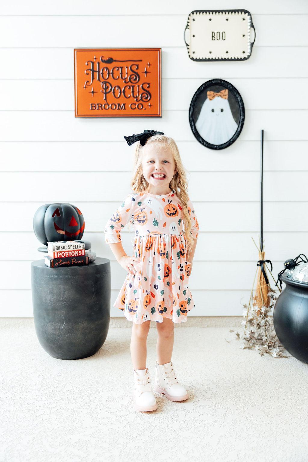 Pumpkin Peekaboo 3/4 Sleeve Pocket Twirl Dress - Image 7