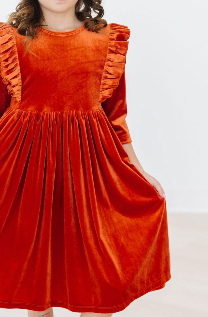 Pumpkin Spice Velvet Ruffle Twirl Dress - Image 3