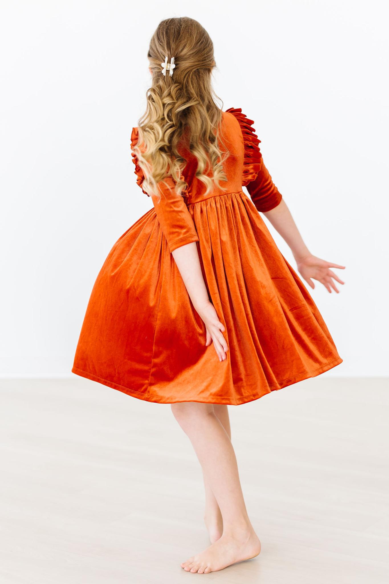 Pumpkin Spice Velvet Ruffle Twirl Dress - Image 5