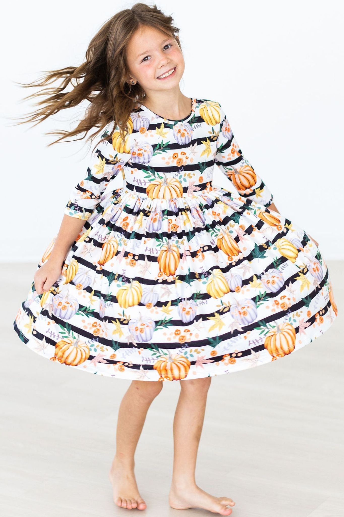 Pumpkins & Peonies 3/4 Sleeve Pocket Twirl Dress - Image 3