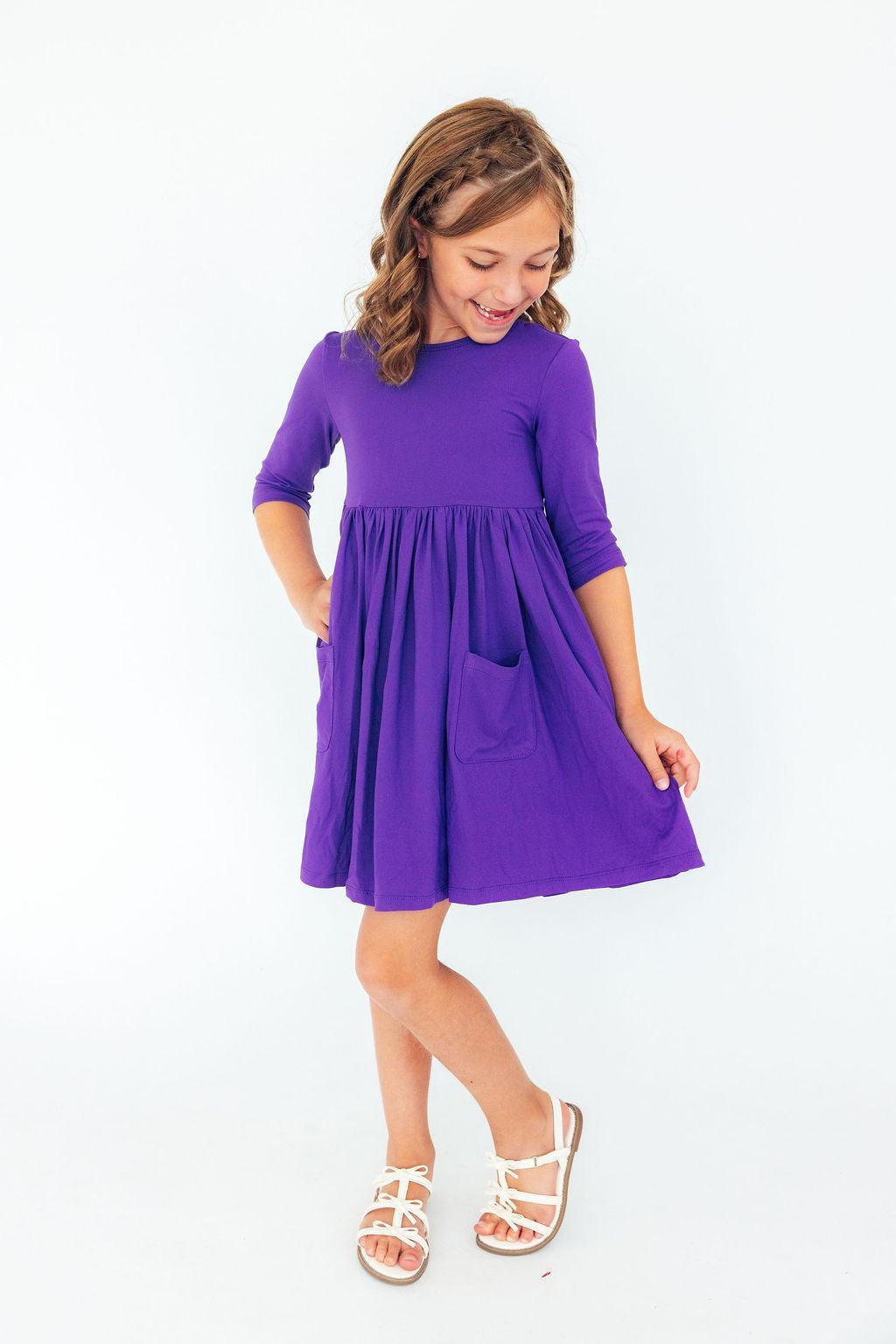 Purple 3/4 Sleeve Pocket Twirl Dress - Image 3