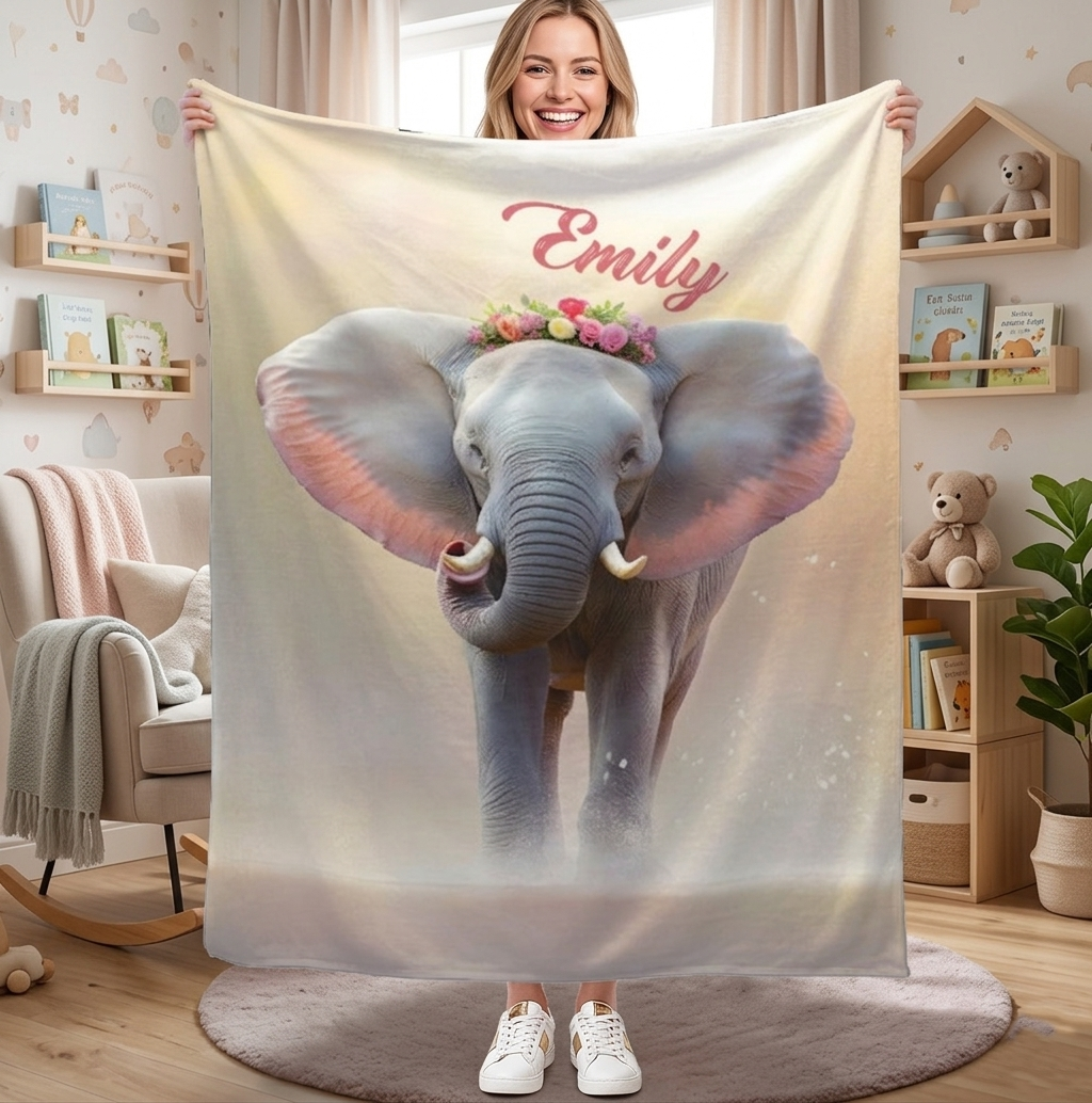 Personalized Elephant Blanket with Name | Floral Crown Design | Custom Gift for Girls, Women & Elephant Lovers