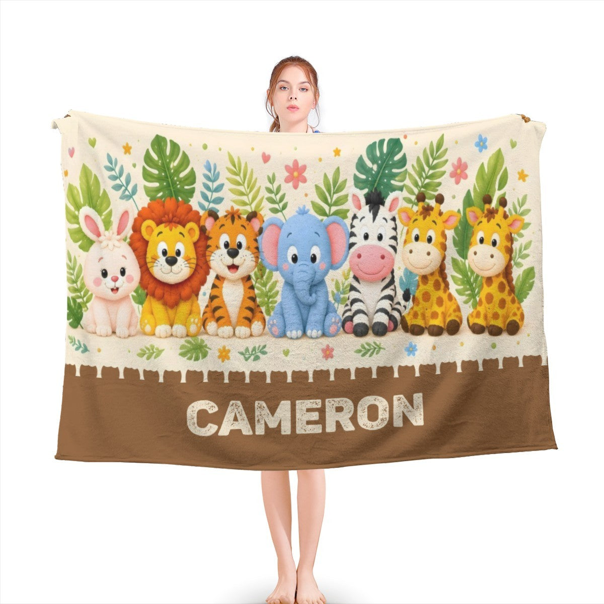 Personalized Safari Animals Blanket with Name | Cartoon Row Design | Custom Baby & Kids Gift