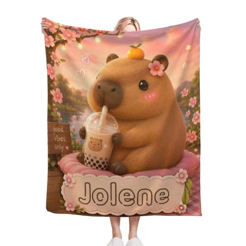Personalized Capybara Blanket with Name - Kawaii Capybara Boba Tea Full-Print Flannel Throw with Name in Scalloped Banner - Custom Gift for Teen Girls