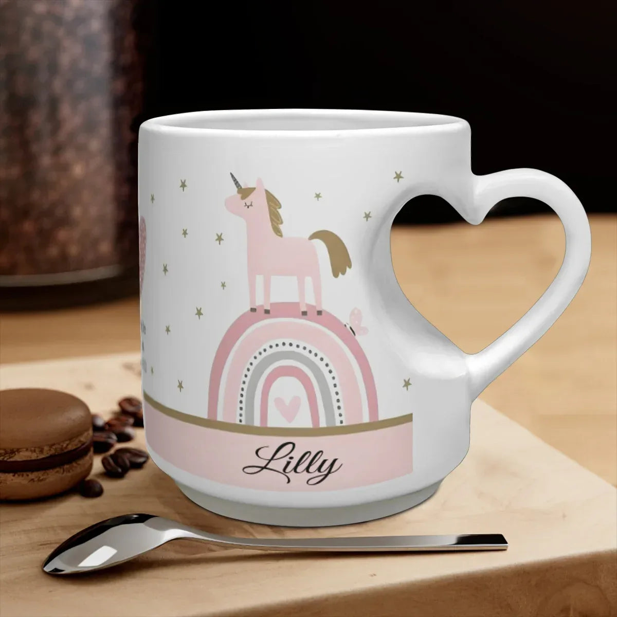 Personalized Unicorn Mug with Heart Handle | Custom Name | Boho Rainbow Pastel Pink Gift