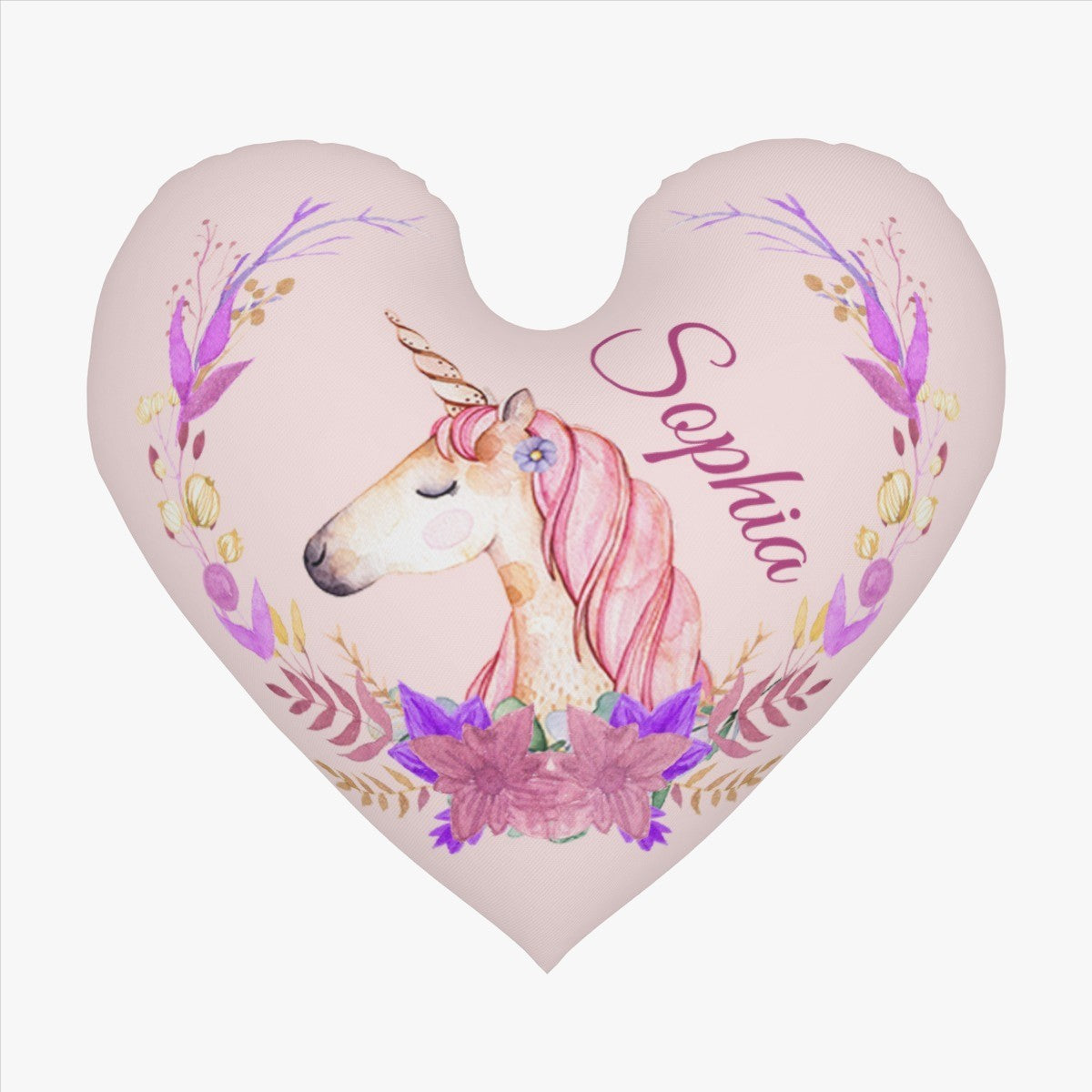 Personalized Unicorn Heart Pillow with Name | Watercolor Unicorn Portrait, Purple Botanical Wreath, Blush Pink Velvet | Custom Gift for Girls