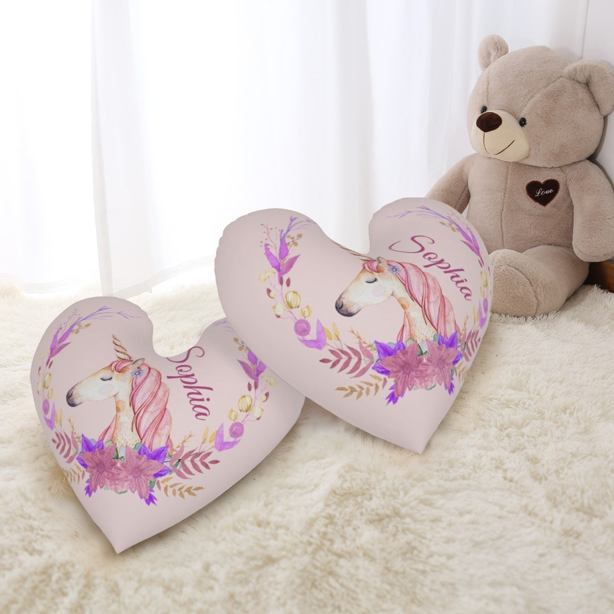 Personalized Unicorn Heart Pillow with Name | Watercolor Unicorn Portrait, Purple Botanical Wreath, Blush Pink Velvet | Custom Gift for Girls