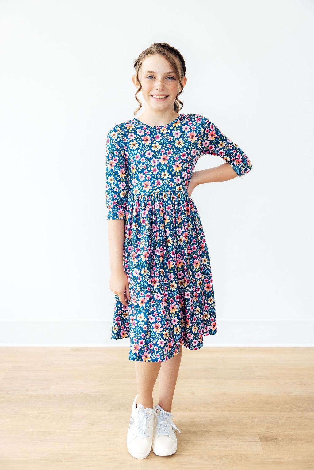 Rainforest Blooms 3/4 Sleeve Pocket Twirl Dress - Image 4