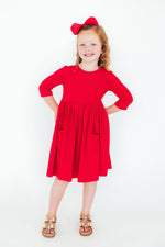 Red 3/4 Sleeve Pocket Twirl Dress - Image 2