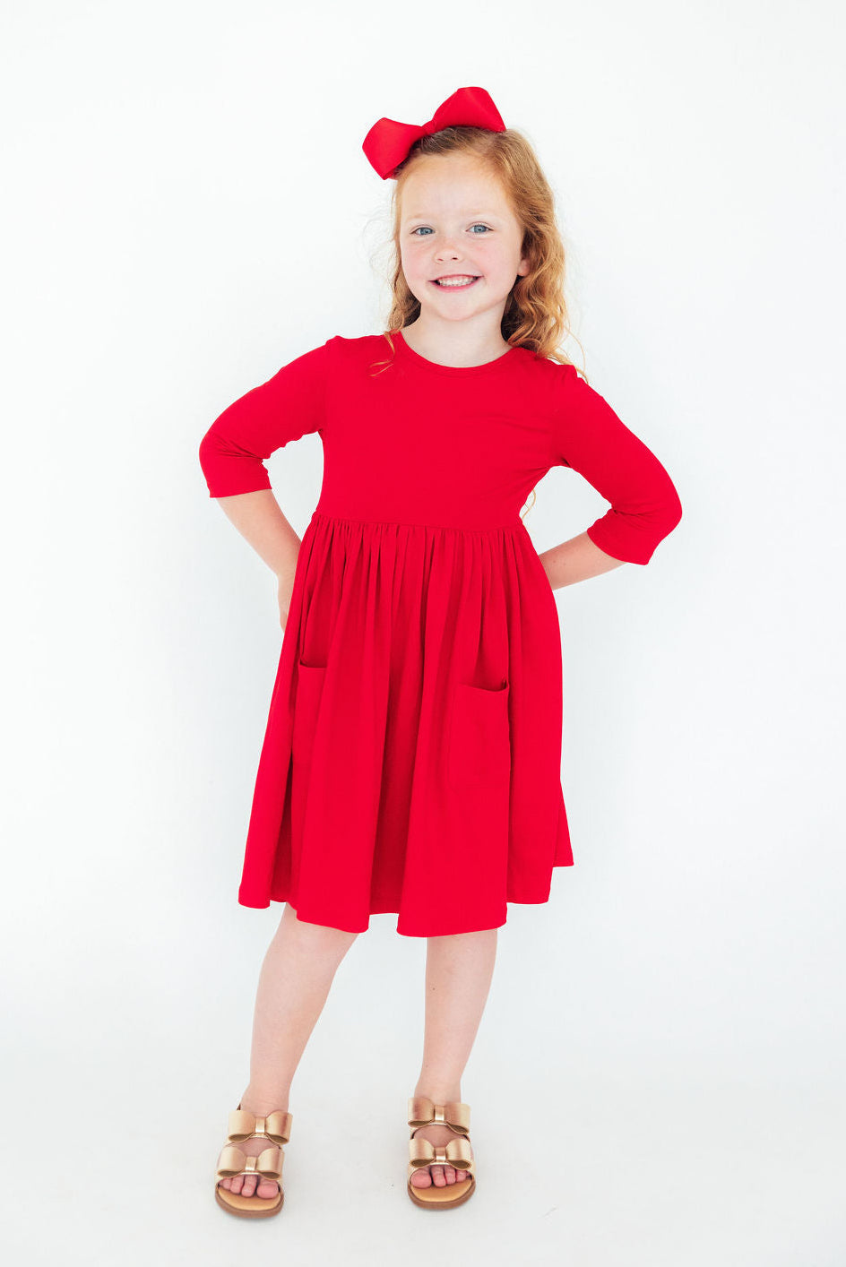 Red 3/4 Sleeve Pocket Twirl Dress - Image 2
