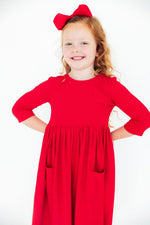Red 3/4 Sleeve Pocket Twirl Dress - Image 3