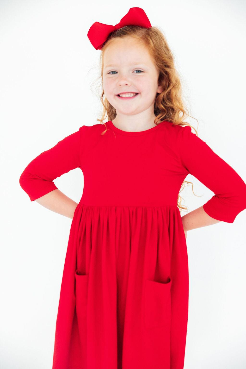 Red 3/4 Sleeve Pocket Twirl Dress - Image 3