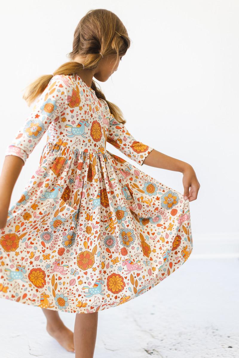 Retro Unicorns 3/4 Sleeve Pocket Twirl Dress - Image 2