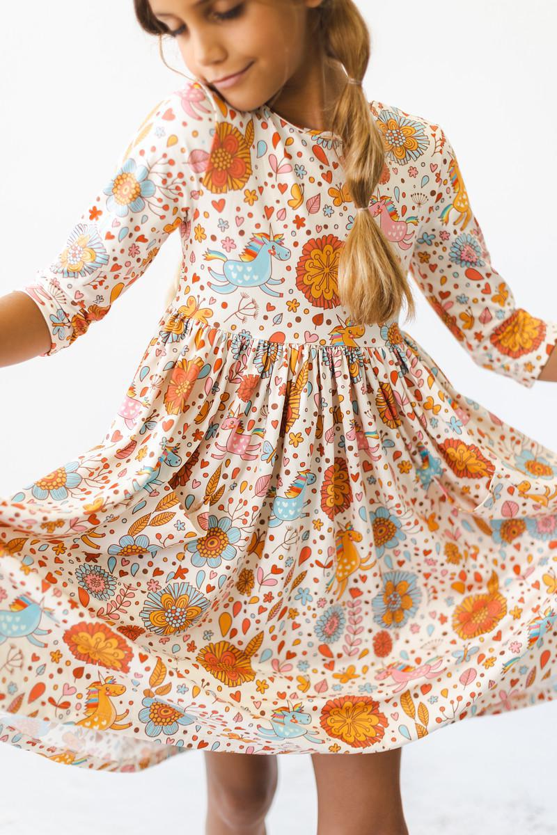 Retro Unicorns 3/4 Sleeve Pocket Twirl Dress - Image 3