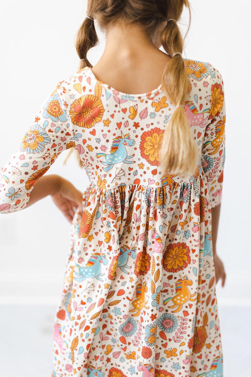 Retro Unicorns 3/4 Sleeve Pocket Twirl Dress - Image 4