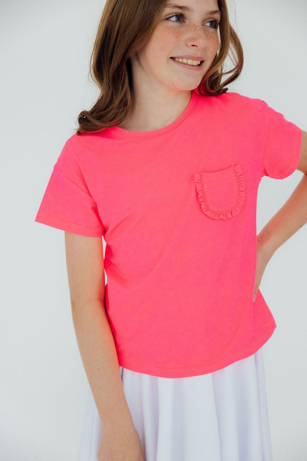 Neon Pink Ruffle Pocket Tee - Image 3