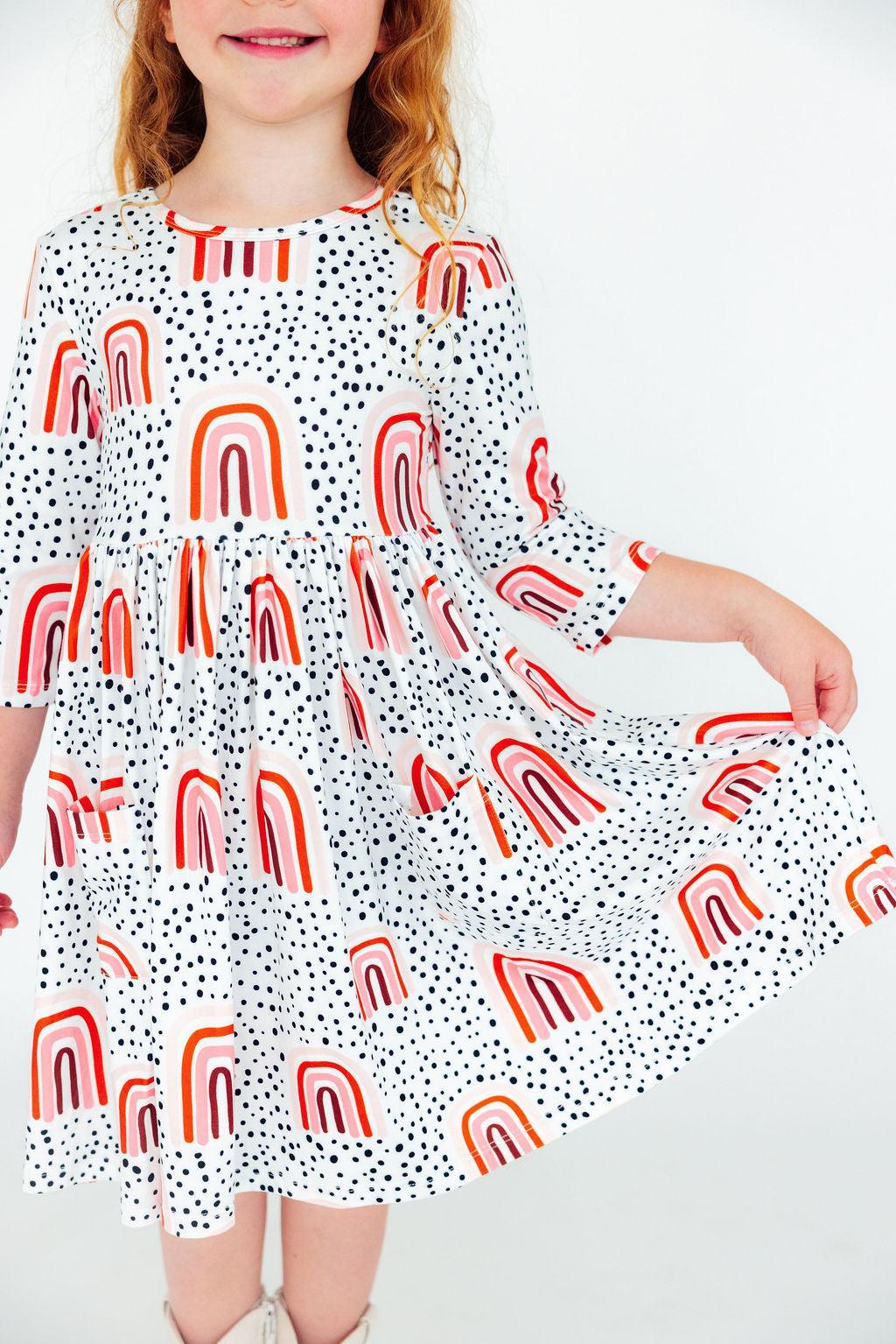 Peach Rainbow 3/4 Sleeve Pocket Twirl Dress - Image 6