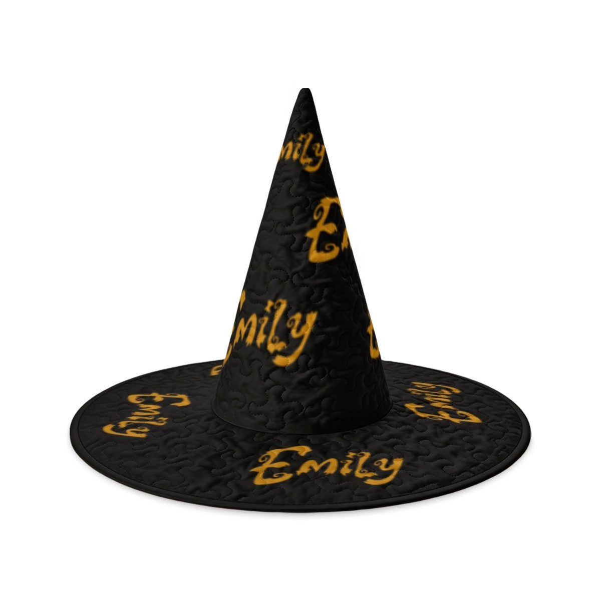 Personalized Halloween Witch Hat with Name Repeated All Over - Custom Name in Gold Dripping Font on All-Black Quilted Witch Hat for Adults and Teens