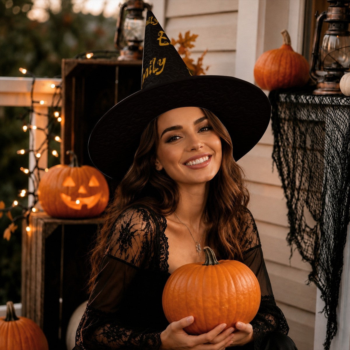 Personalized Halloween Witch Hat with Name Repeated All Over - Custom Name in Gold Dripping Font on All-Black Quilted Witch Hat for Adults and Teens