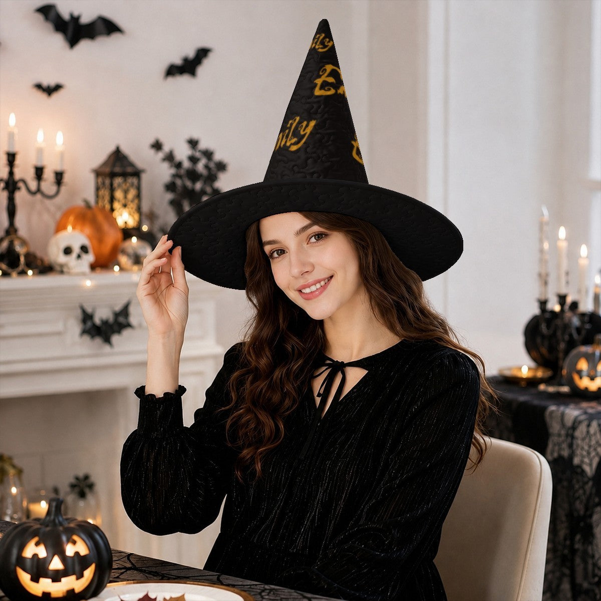 Personalized Halloween Witch Hat with Name Repeated All Over - Custom Name in Gold Dripping Font on All-Black Quilted Witch Hat for Adults and Teens