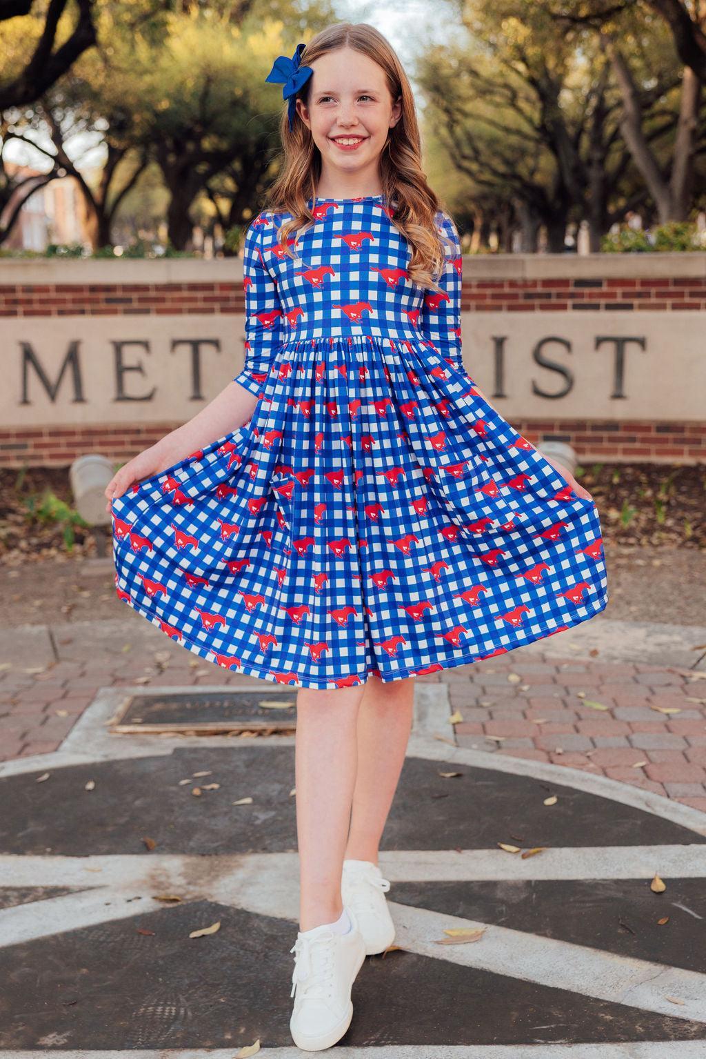 SMU Plaid Mustang 3/4 Sleeve Pocket Twirl Dress - Image 3