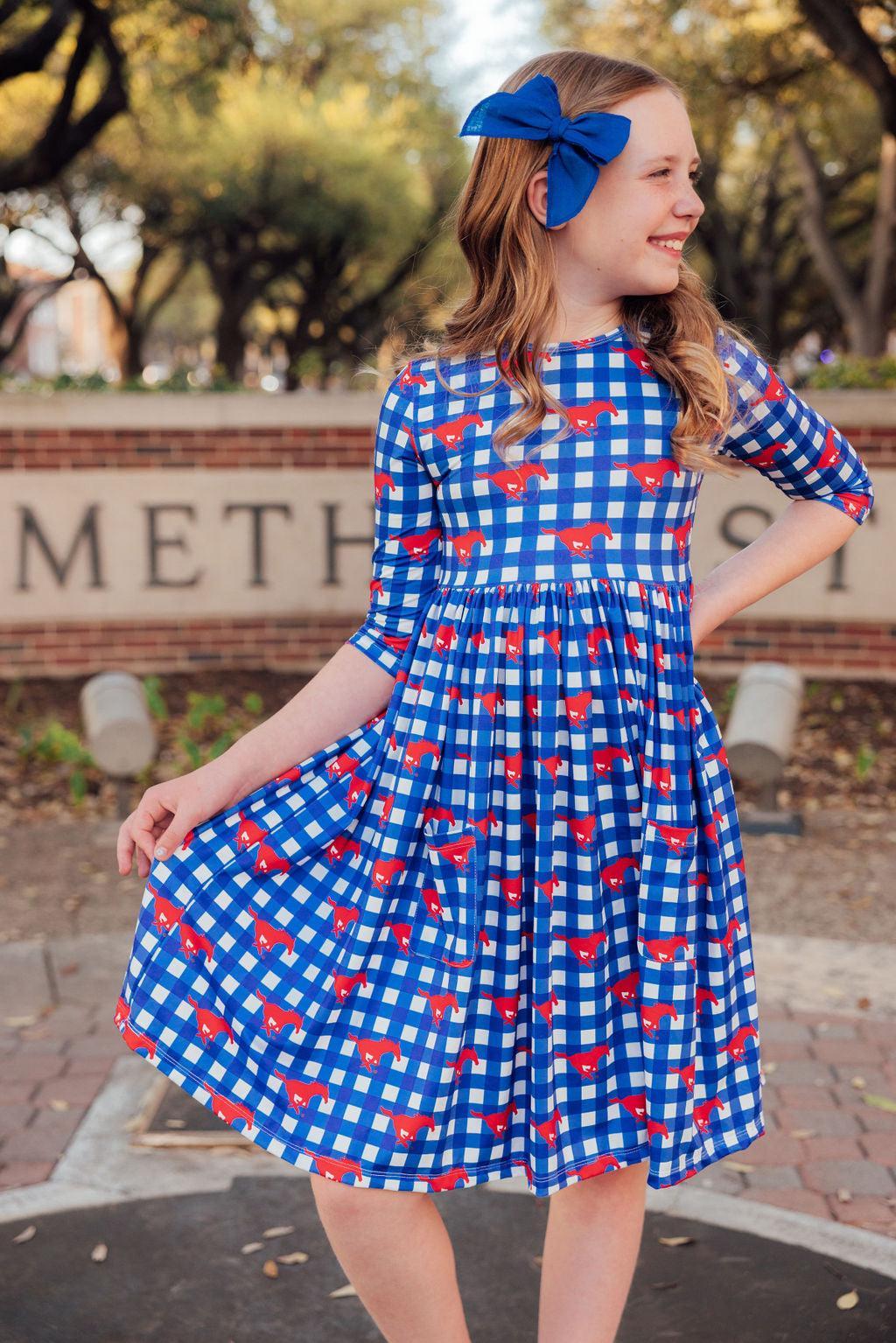 SMU Plaid Mustang 3/4 Sleeve Pocket Twirl Dress - Image 4