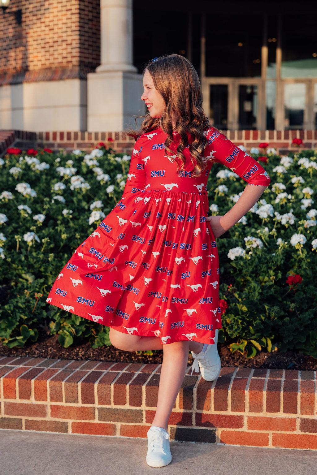SMU Red Mustang 3/4 Sleeve Pocket Twirl Dress - Image 2