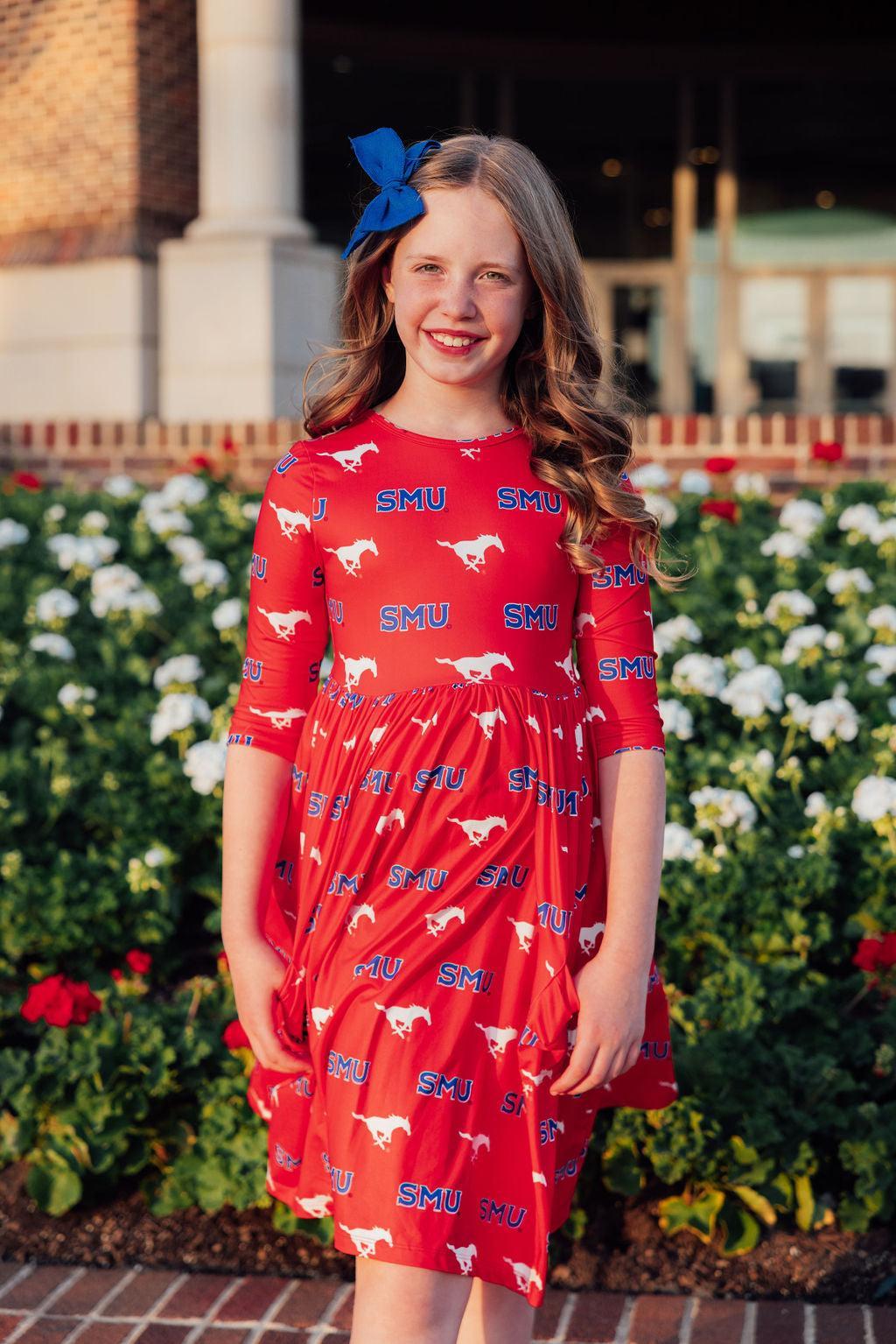 SMU Red Mustang 3/4 Sleeve Pocket Twirl Dress - Image 3