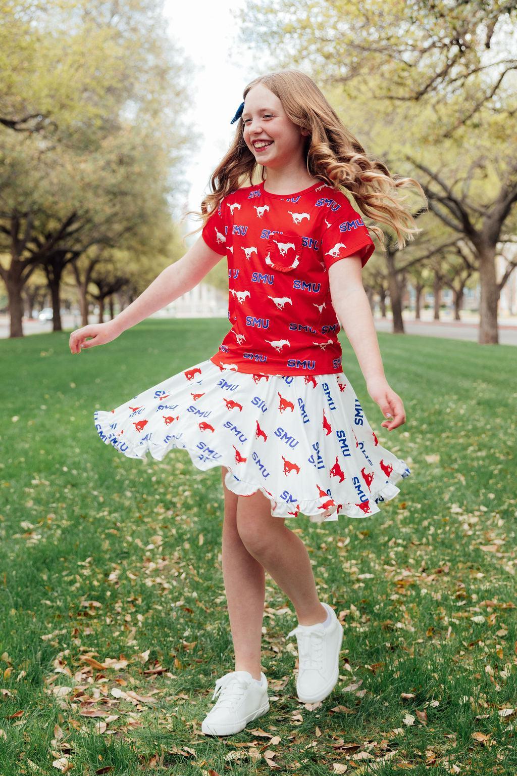 SMU Red Mustang Ruffle Pocket Tee - Image 3