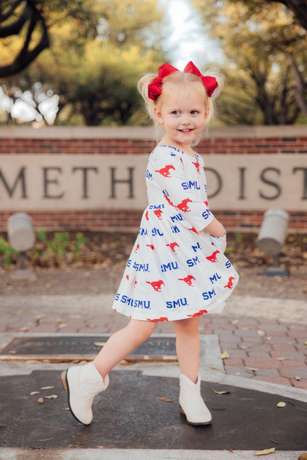 SMU White Mustang 3/4 Sleeve Pocket Twirl Dress - Image 2