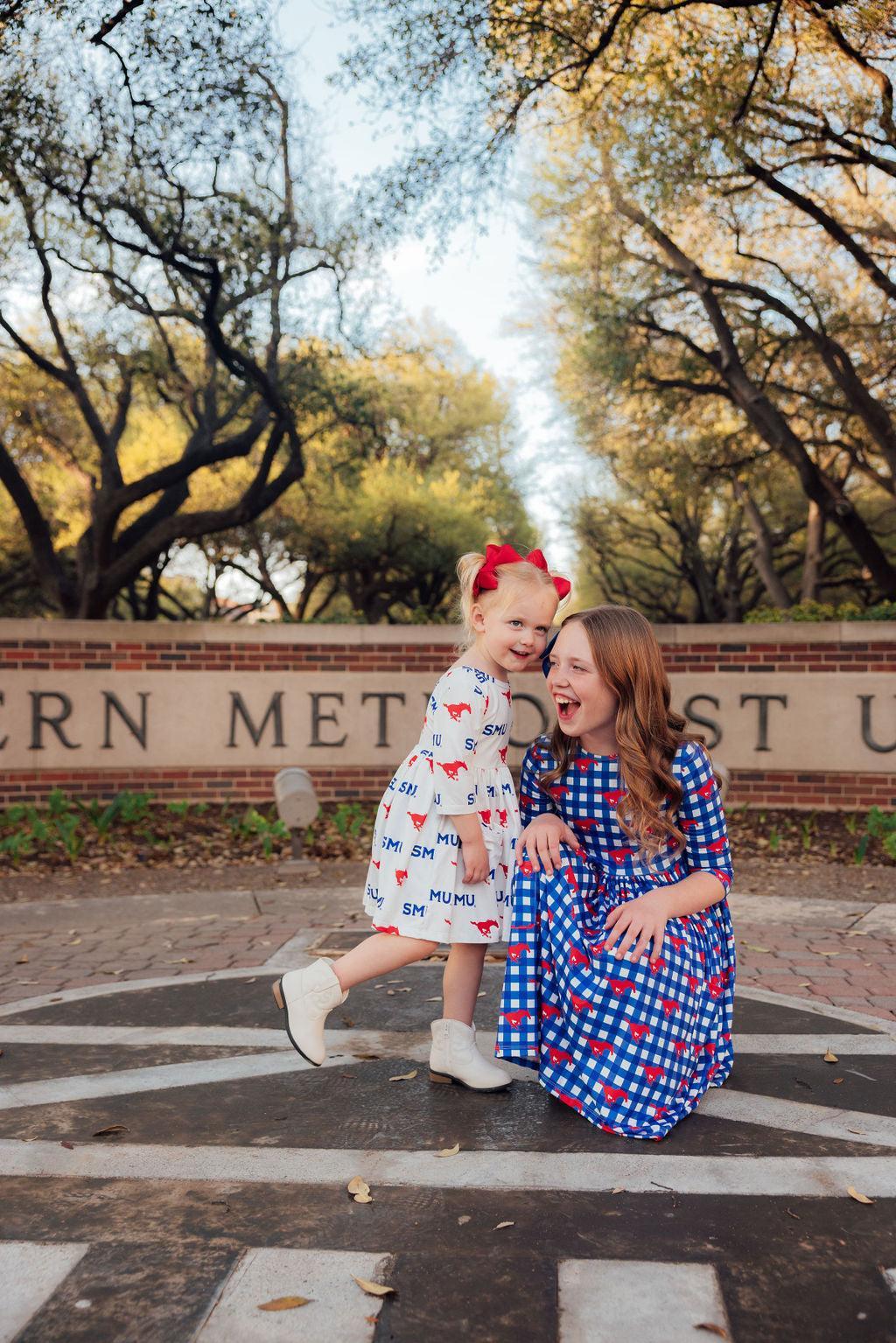 SMU White Mustang 3/4 Sleeve Pocket Twirl Dress - Image 3