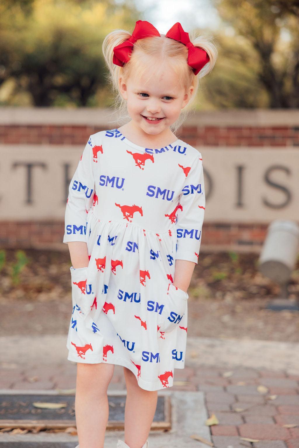 SMU White Mustang 3/4 Sleeve Pocket Twirl Dress - Image 4