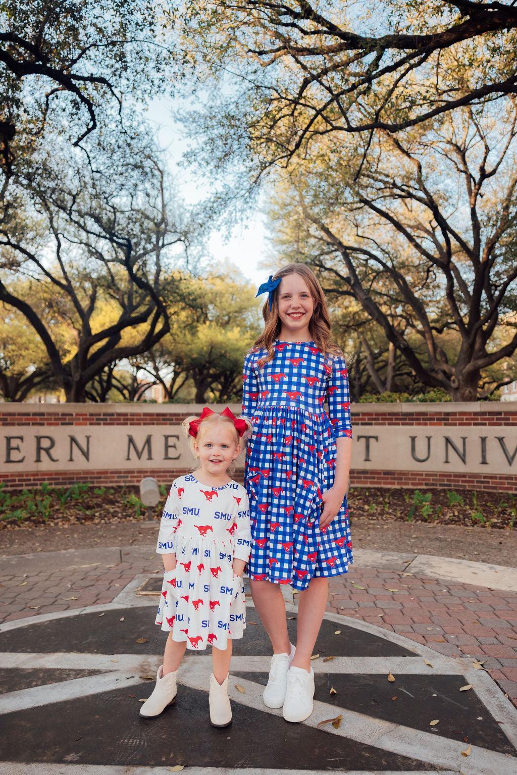 SMU White Mustang 3/4 Sleeve Pocket Twirl Dress - Image 5