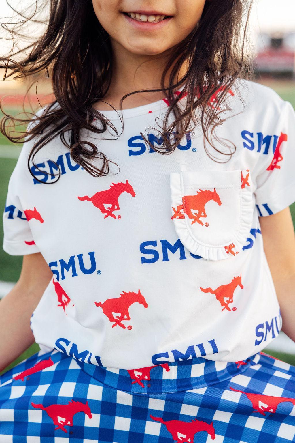 SMU White Mustang Ruffle Pocket Tee - Image 5