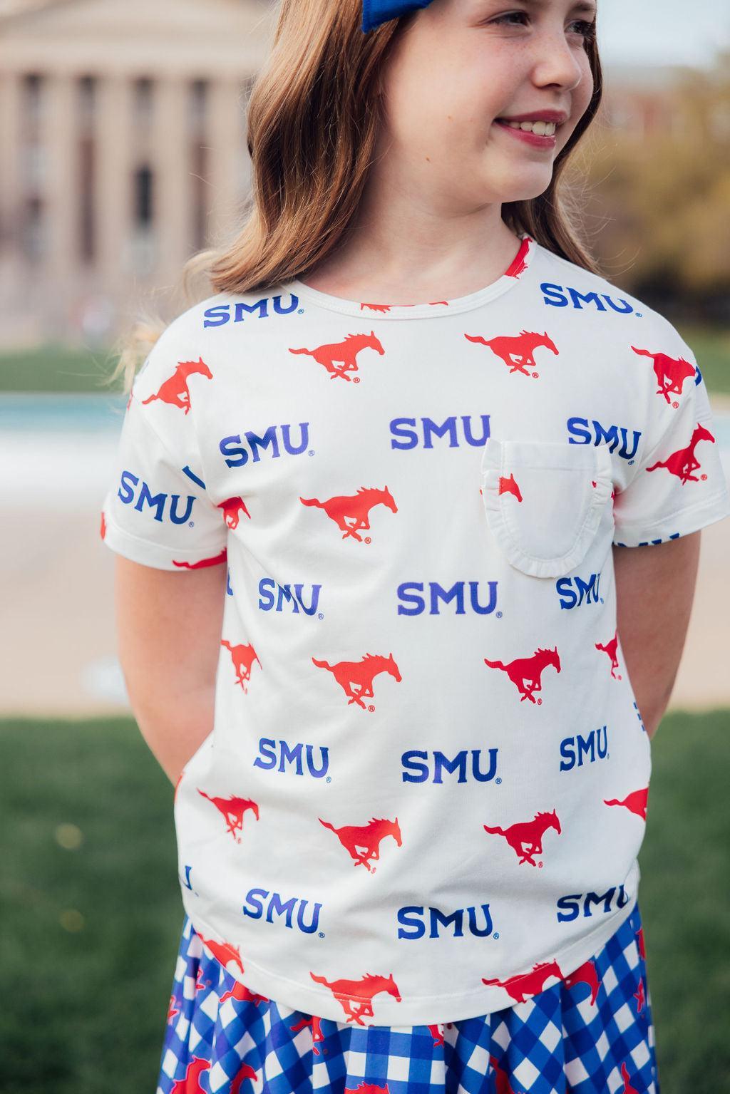 SMU White Mustang Ruffle Pocket Tee - Image 7