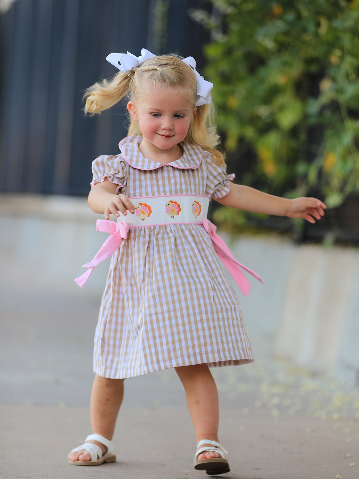 Rylee Faith Designs - Fall Thanksgiving Lapel Plaid Chick Embroidery Smocking Bow Baby Girls Dress - alternate view 4