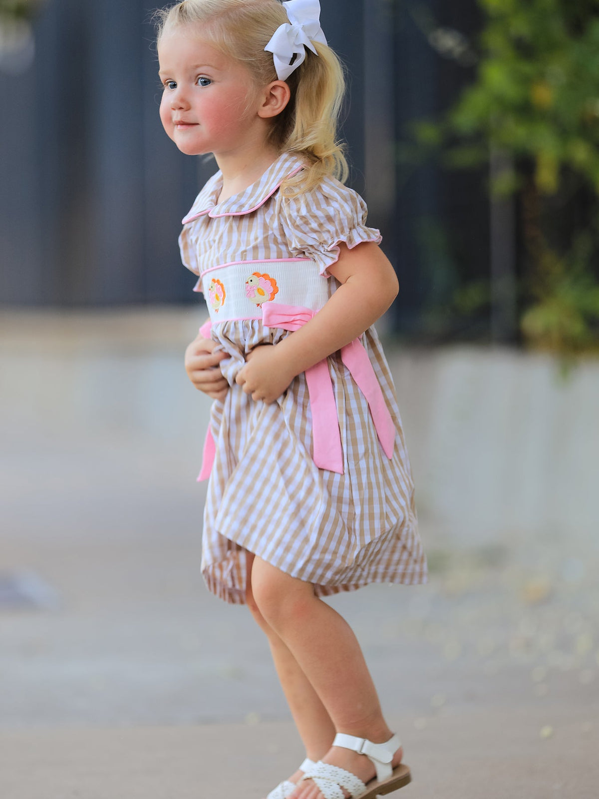 Rylee Faith Designs - Fall Thanksgiving Lapel Plaid Chick Embroidery Smocking Bow Baby Girls Dress - alternate view 6