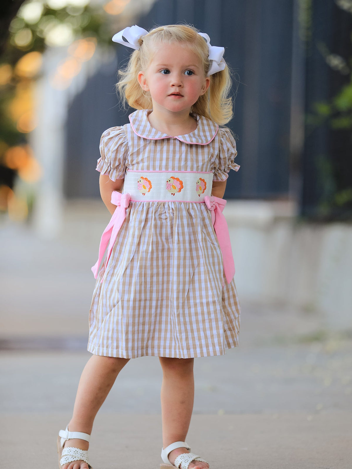 Rylee Faith Designs - Fall Thanksgiving Lapel Plaid Chick Embroidery Smocking Bow Baby Girls Dress - alternate view 3