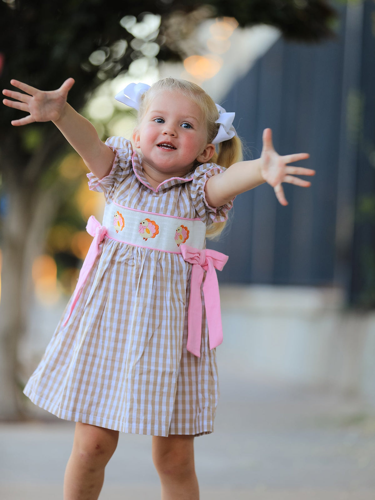 Rylee Faith Designs - Fall Thanksgiving Lapel Plaid Chick Embroidery Smocking Bow Baby Girls Dress - alternate view 2