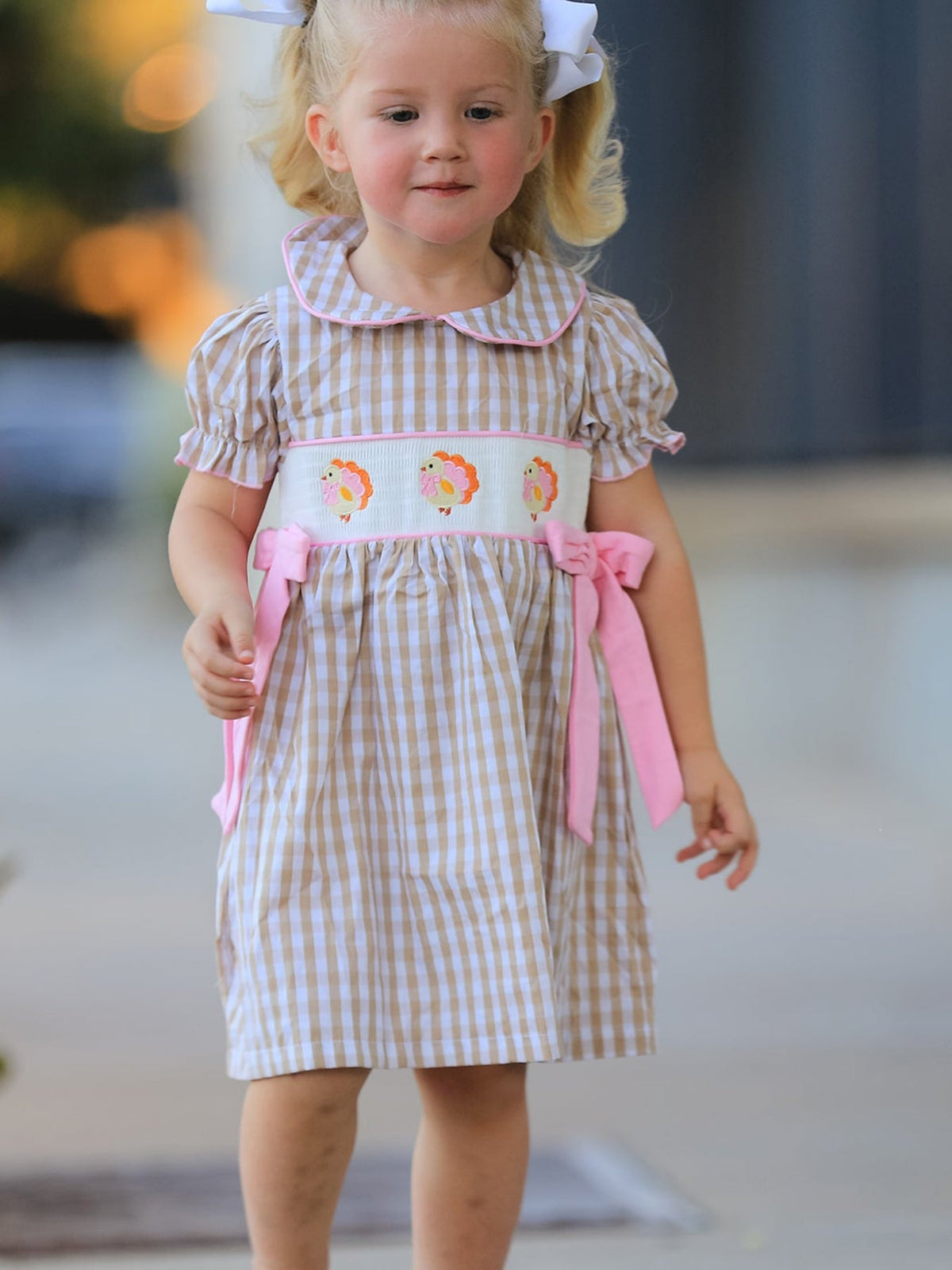 Rylee Faith Designs - Fall Thanksgiving Lapel Plaid Chick Embroidery Smocking Bow Baby Girls Dress