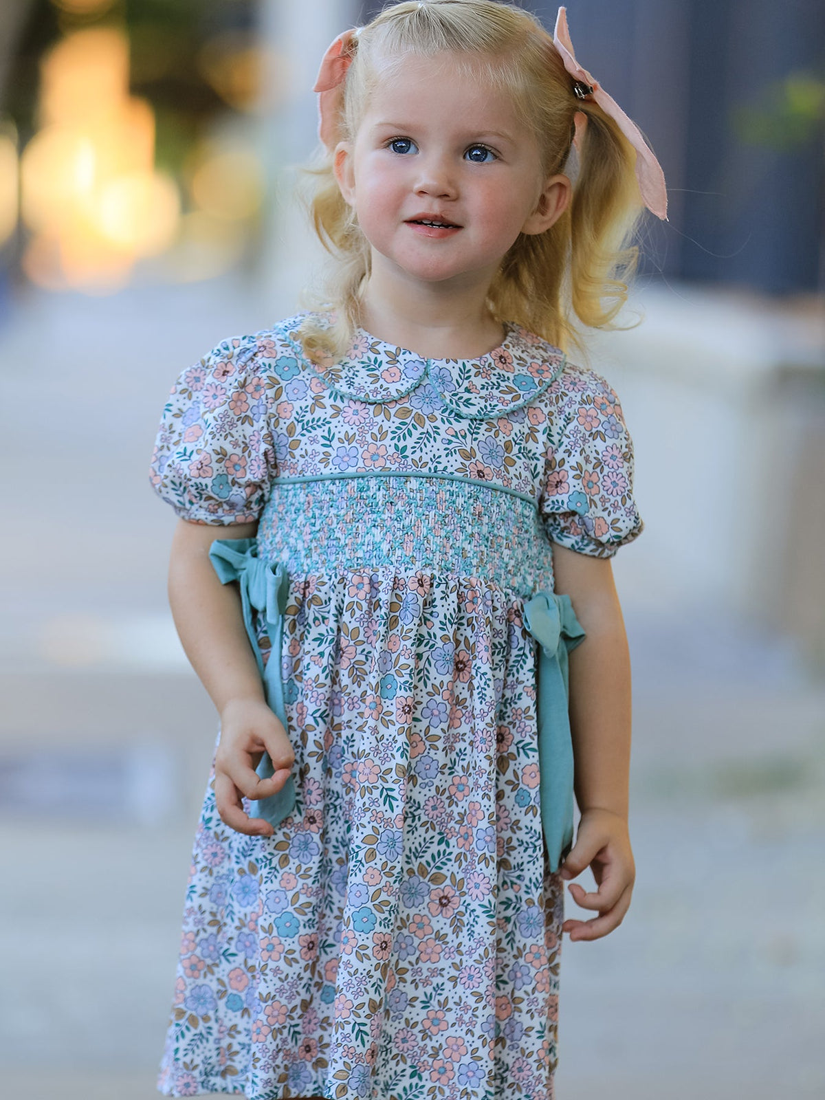 Rylee Faith Designs - Sage Green Bow Floral Smocked Girl Dress - alternate view 5