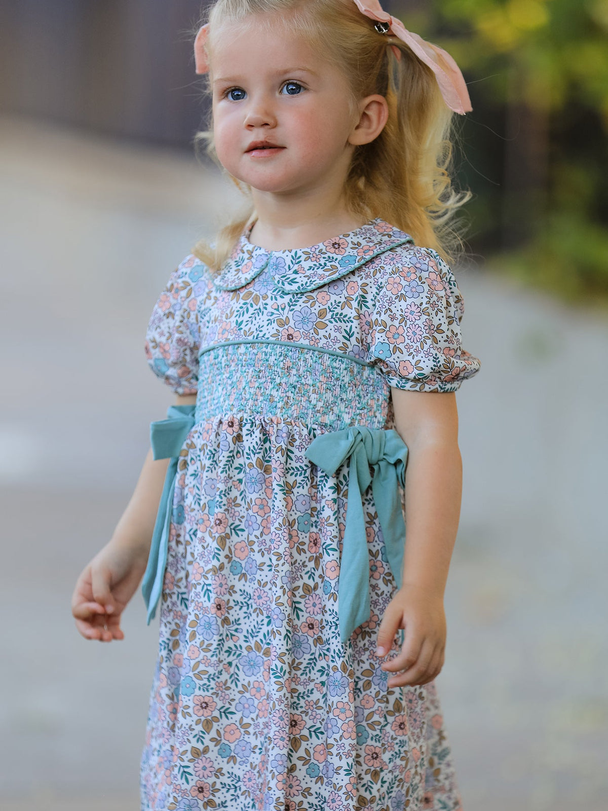 Rylee Faith Designs - Sage Green Bow Floral Smocked Girl Dress - alternate view 4