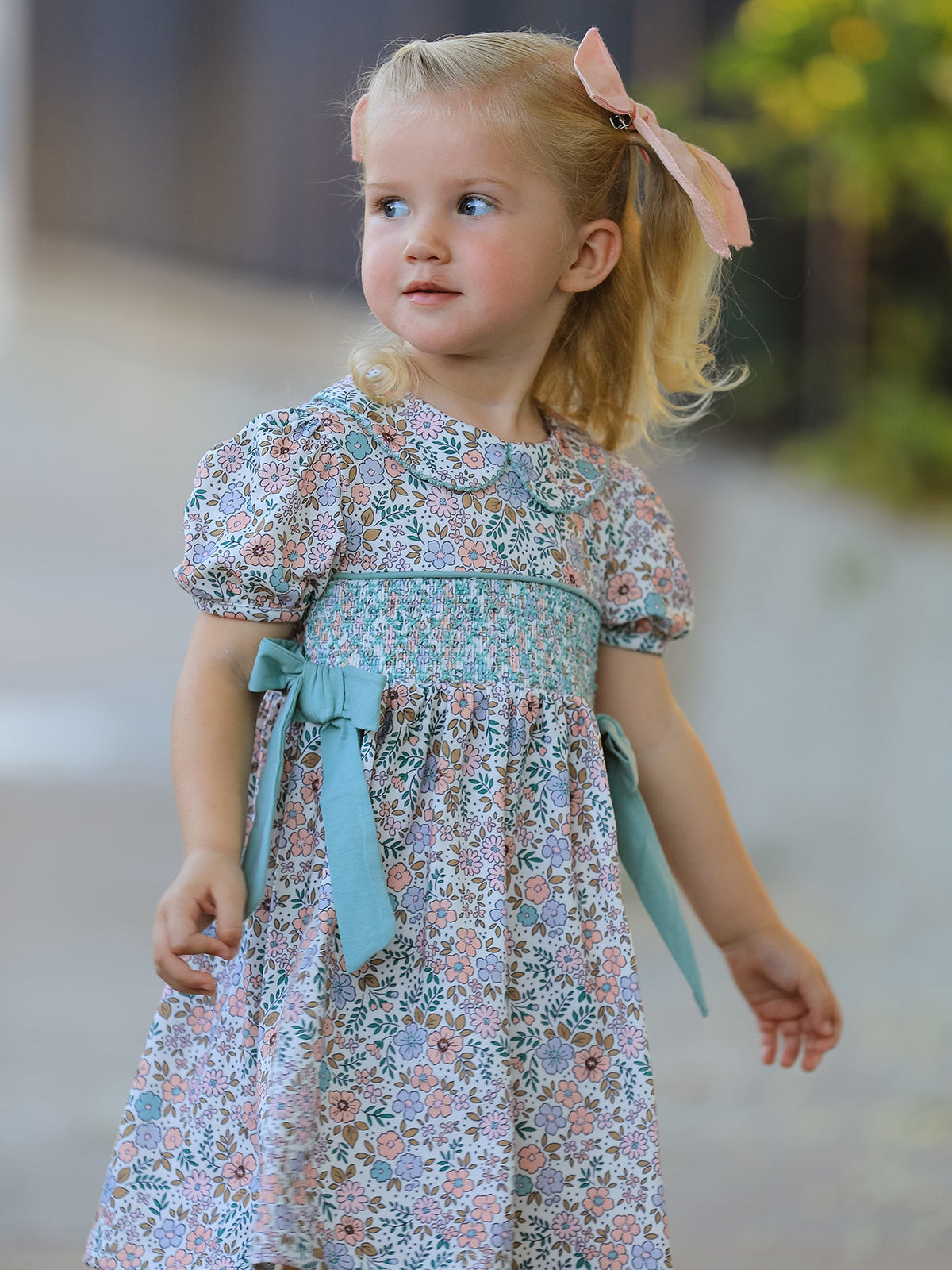 Rylee Faith Designs - Sage Green Bow Floral Smocked Girl Dress - alternate view 2