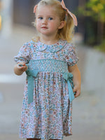 Rylee Faith Designs - Sage Green Bow Floral Smocked Girl Dress