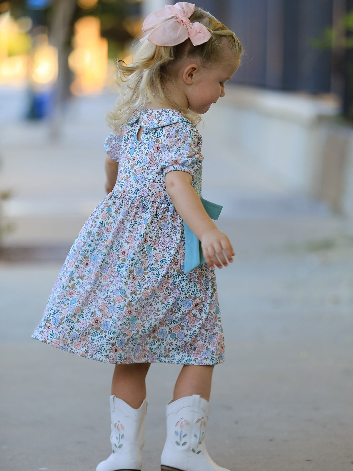 Rylee Faith Designs - Sage Green Bow Floral Smocked Girl Dress - alternate view 3