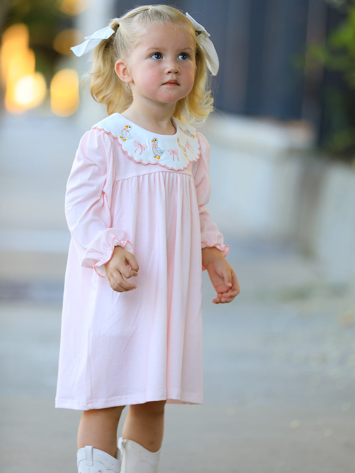 Rylee Faith Designs - Pink Goose Embroidered Baby Girl Dress Peter Pan Collar Bow Dress - alternate view 3